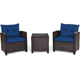 Costway 3 Pcs Patio Rattan Sofa Chair & Table Set Outdoor Wicker Bistro Set-Navy - thumbnail 2
