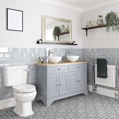 Homestylestore 1210mm Light Grey Bathroom Vanity Unit With 2 Countertop Basins And Close Coupled Toilet Wc Pan, Seat And Cistern - image 1