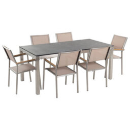 Beliani Garden Dining Set 6 Seater Grosseto Granite Flamed Black/ Beige - thumbnail 1