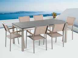 Beliani Garden Dining Set 6 Seater Grosseto Granite Flamed Black/ Beige - thumbnail 2
