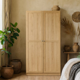Wyld Haus Cherryfern Natural Oak 2-Door Wardrobe Tall With Shelves And Hanging Rail - thumbnail 1