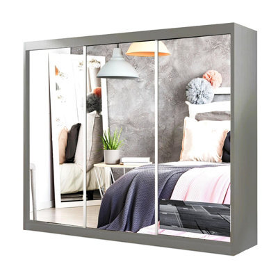 Ie Milan Sliding Mirror Door Wardrobe With Drawers & Shelves - Modern Bedroom Wardrobe, Grey, (250 Cm X 216Cm ) - image 1