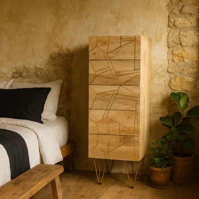 Wyld Haus Bali Tall 5-Drawer Mango Wood Chest With Gold Inlays, Light Natural Finish - image 1