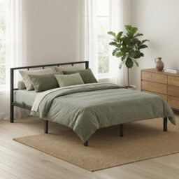 Ledrem Metal Platform Bed Frame, 135 X 190 Cm, Double Bed With Headboard And Slats, Easy Assembly, Bedroom, Black - thumbnail 1