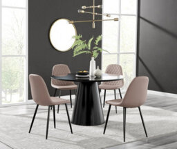 Furniturebox Uk Palma Black Semi Gloss Round Pedestal Dining Table & 4 Cappuccino Faux Leather Corona Black Leg Chairs