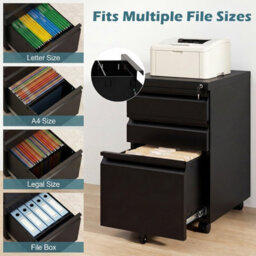 Gainoom 3-Drawer Mobile File Cabinet Rolling Metal Under-Desk Office Organizer W/5 Casters & 2 Keys For A4 Black - thumbnail 8