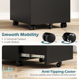 Gainoom 3-Drawer Mobile File Cabinet Rolling Metal Under-Desk Office Organizer W/5 Casters & 2 Keys For A4 Black - thumbnail 6
