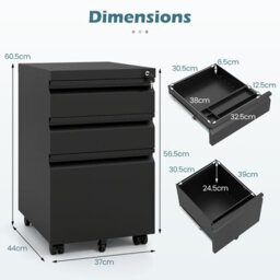 Gainoom 3-Drawer Mobile File Cabinet Rolling Metal Under-Desk Office Organizer W/5 Casters & 2 Keys For A4 Black - thumbnail 2