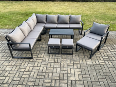 Fimous Aluminium Outdoor Garden Furniture Set Lounge Corner Sofa Oblong Coffee Table Chair Sets With 3 Footstools