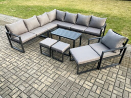 Fimous Aluminium Outdoor Garden Furniture Set Lounge Corner Sofa Oblong Coffee Table Chair Sets With 3 Footstools - thumbnail 2