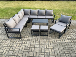 Fimous Aluminium Outdoor Garden Furniture Set Lounge Corner Sofa Oblong Coffee Table Chair Sets With 3 Footstools - thumbnail 1