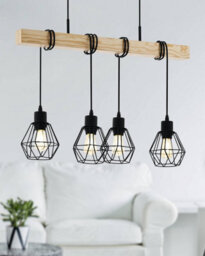 Eglo Townshend 5 Black/natural Metal & Wood 4-Light Geometric Pendant - Industrial Style (L) 70Cm - thumbnail 1