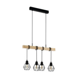 Eglo Townshend 5 Black/natural Metal & Wood 4-Light Geometric Pendant - Industrial Style (L) 70Cm - thumbnail 2