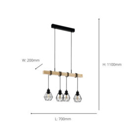 Eglo Townshend 5 Black/natural Metal & Wood 4-Light Geometric Pendant - Industrial Style (L) 70Cm - thumbnail 5