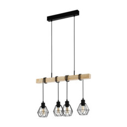 Eglo Townshend 5 Black/natural Metal & Wood 4-Light Geometric Pendant - Industrial Style (L) 70Cm - thumbnail 3