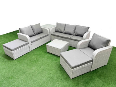 Fimous 8 Seater Outdoor Rattan Furniture Sofa Sets Reclining Chair Loveseat Sofa 3 Seater Sofa 2 Big Footstools Light Grey - image 1