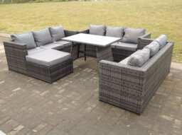 Fimous Outdoor Rattan Garden Furniture Lounge Sofa Set With Oblong Dining Table With Clear Tempered Glass And Big Footstool - thumbnail 4