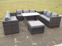 Fimous Outdoor Rattan Garden Furniture Lounge Sofa Set With Oblong Dining Table With Clear Tempered Glass And Big Footstool - thumbnail 5