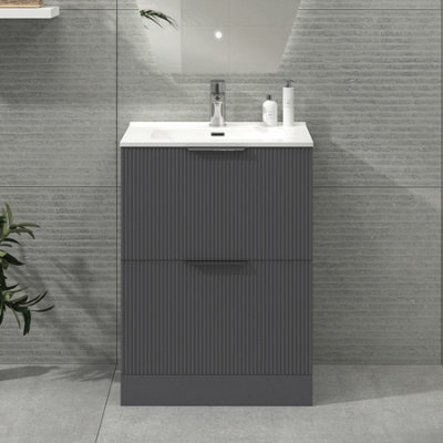 Royal Bathrooms Evora 700mm Graphite Grey Fluted Floor Standing Bathroom Vanity Unit 2 Drawer Cabinet With Ceramic Basin - image 1