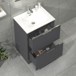 Royal Bathrooms Evora 700mm Graphite Grey Fluted Floor Standing Bathroom Vanity Unit 2 Drawer Cabinet With Ceramic Basin - thumbnail 3