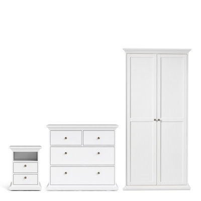 Furniture To Go Paris 3 Piece Bundle, Bedside, Chest And 2 Door Wardrobe In White - image 1