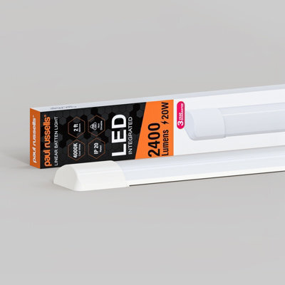 Paul Russells 2Ft Led Batten Tube Lights, 20W 2400 Lumens, Ip20, 4000K Cool White, Ultra Slim, Pack Of 1 - image 1