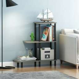 Walplus Furinno Turn-N-Tube 3-Tier Sofa Side Table Tall, French Oak Grey/black - thumbnail 1