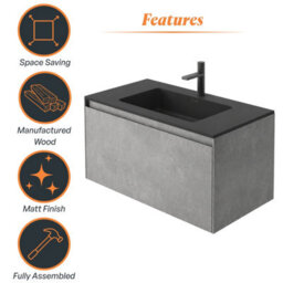 Plum&clay Rigel Concrete Grey Wall Hung Bathroom Vanity Unit With Black Basin (W)900mm (H)450mm - thumbnail 5