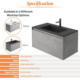Plum&clay Rigel Concrete Grey Wall Hung Bathroom Vanity Unit With Black Basin (W)900mm (H)450mm - thumbnail 4
