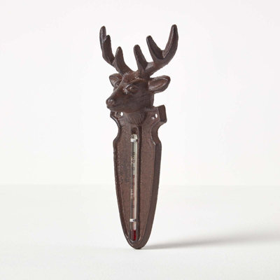 Homescapes Brown Wall Mounted Cast Iron Stag Garden Thermometer - image 1