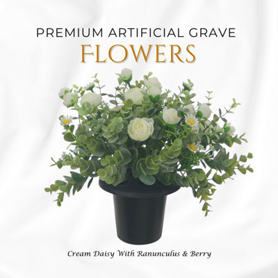 Premium Artificial Grave Flowers - 25Cm Cream Daisy With Ranunculus & Berry Memorial Vase Pot