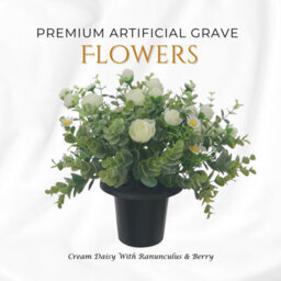 Premium Artificial Grave Flowers - 25Cm Cream Daisy With Ranunculus & Berry Memorial Vase Pot