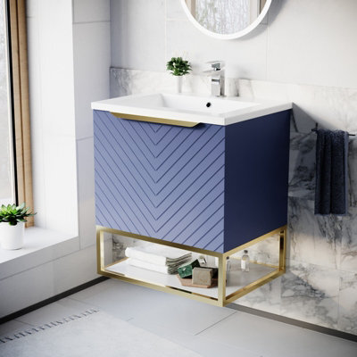 Nes Home 600mm Wall Hung Blue Drawers Basin Vanity Brushed Brass Frame & Handle - image 1