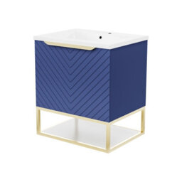 Nes Home 600mm Wall Hung Blue Drawers Basin Vanity Brushed Brass Frame & Handle - thumbnail 7