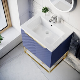 Nes Home 600mm Wall Hung Blue Drawers Basin Vanity Brushed Brass Frame & Handle - thumbnail 4
