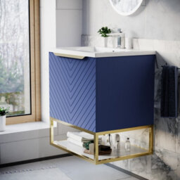 Nes Home 600mm Wall Hung Blue Drawers Basin Vanity Brushed Brass Frame & Handle - thumbnail 3