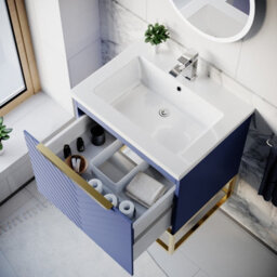Nes Home 600mm Wall Hung Blue Drawers Basin Vanity Brushed Brass Frame & Handle - thumbnail 6