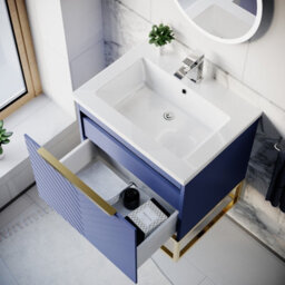 Nes Home 600mm Wall Hung Blue Drawers Basin Vanity Brushed Brass Frame & Handle - thumbnail 5