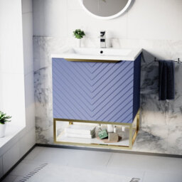 Nes Home 600mm Wall Hung Blue Drawers Basin Vanity Brushed Brass Frame & Handle - thumbnail 2