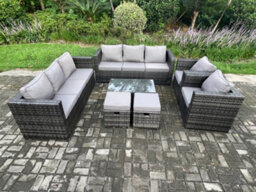 Fimous Wicker Pe Rattan Sofa Set Outdoor Patio Garden Furniture With 2 Armchairs Oblong Coffee Table 2 Small Footstools - thumbnail 2