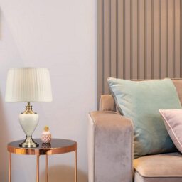 Lighting Supermarket Hepburn Large Ceramic Table Lamp Ivory Pleated Shade Cream Brass Finish 58Cm
