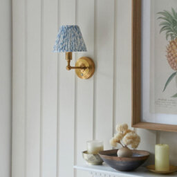 Luminosa Lighting Luminosa Burley Rechargeable Brushed Aged Brass Plate Wall Light With Shell Bay Blue Fabric Leaf Shade 16Cm Integrated Led - thumbnail 3