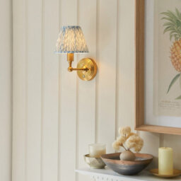 Luminosa Lighting Luminosa Burley Rechargeable Brushed Aged Brass Plate Wall Light With Shell Bay Blue Fabric Leaf Shade 16Cm Integrated Led - thumbnail 2