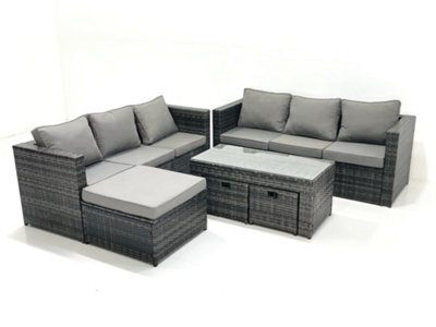 Fimous Garden Outdoor Rattan Furniture Set With Sofa Coffee Table 3 Footstools Dark Grey Mixed - image 1