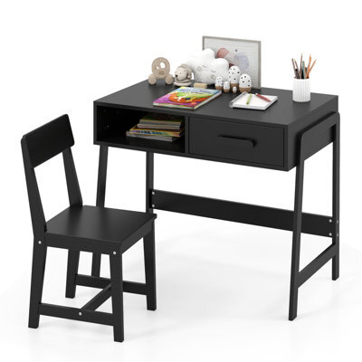 Costway Kids Desk And Chair Set Wooden Childrens Study Desk Set W/ Drawer-Dark - image 1