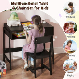 Costway Kids Desk And Chair Set Wooden Childrens Study Desk Set W/ Drawer-Dark - thumbnail 8