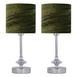 First Choice Lighting Set Of 2 Chrome Jewelled Table Lamp With Green Crushed Velvet Shades - thumbnail 1