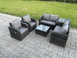 Fimous 6 Seater Rattan Sofa Set Outdoor Garden Furniture Set With Square Coffee Table Loveseat Sofa Reclining Chairs - thumbnail 1