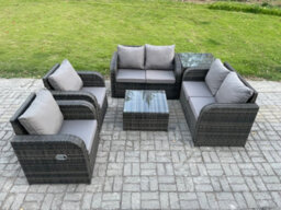 Fimous 6 Seater Rattan Sofa Set Outdoor Garden Furniture Set With Square Coffee Table Loveseat Sofa Reclining Chairs - thumbnail 2