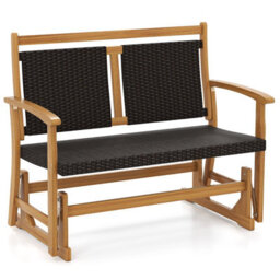 Costway Patio Rattan Glider Bench Outdoor 2-Person Rocking Loveseat W/ Acacia Wood Frame - thumbnail 1